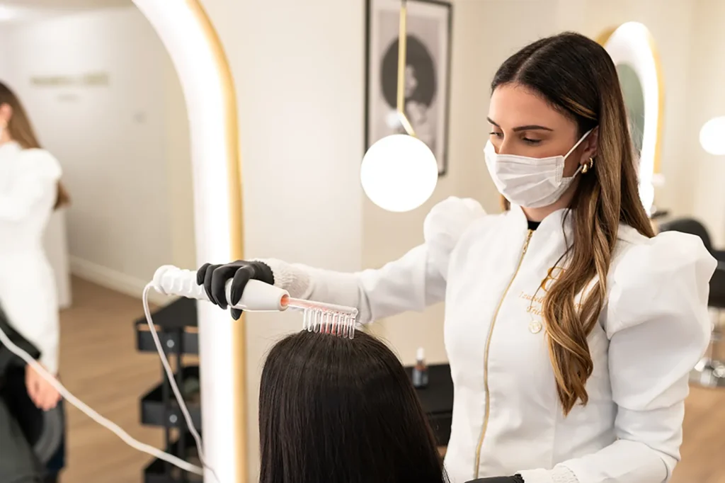 A skilled hair specialist trichologist in a white blouse performing a hair treatment using advanced equipment, demonstrating the expert care and trichology services available at Islington's premier hair boutique.