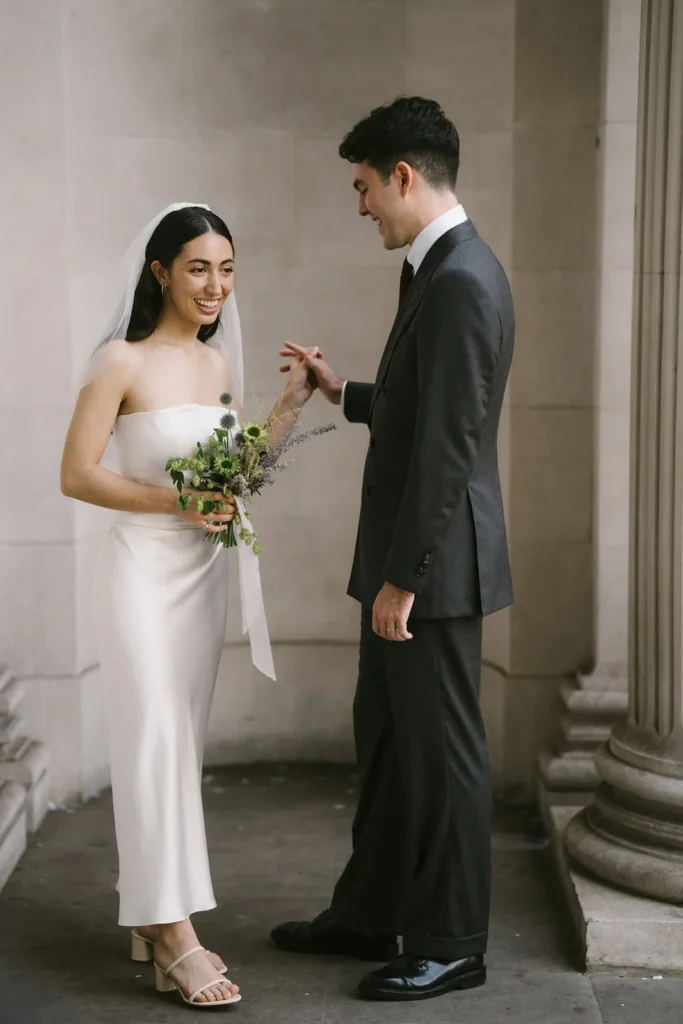 Bride smiling at groom during a light-hearted moment on their wedding day in London at the Old Marylebone Town Hall