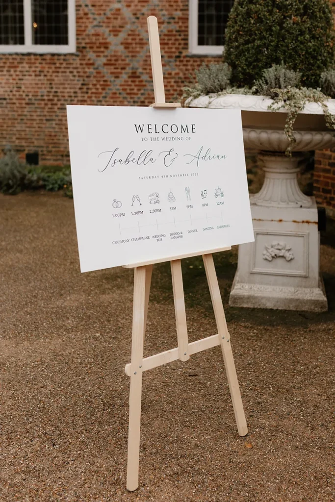 Wedding welcome sign with timeline at a micro wedding in London