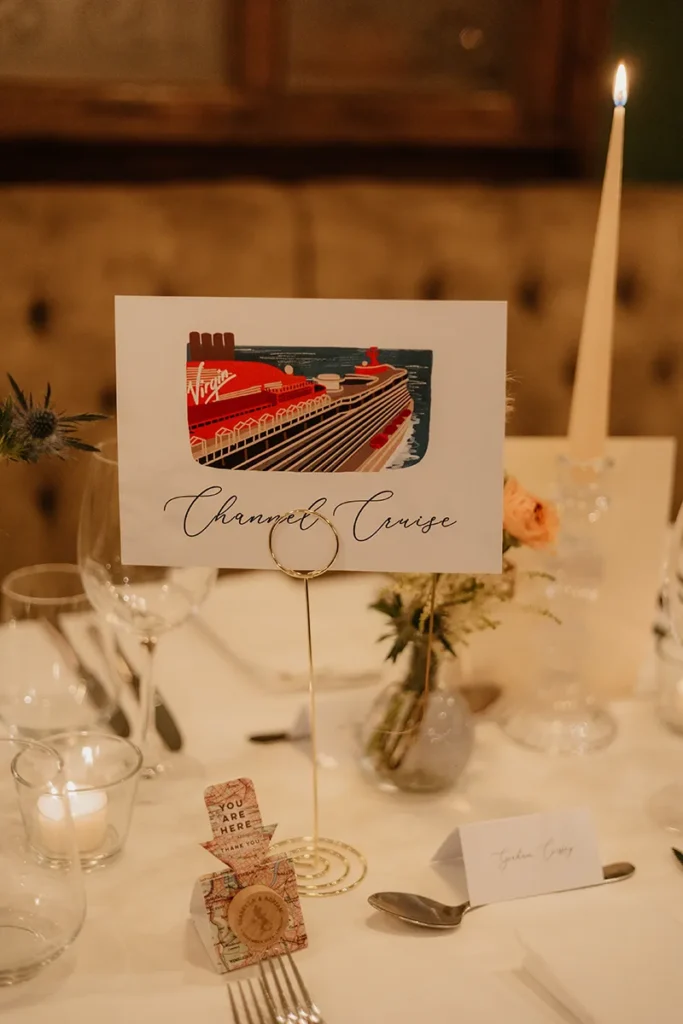 Cruise-themed wedding table setting with elegant decorations in London