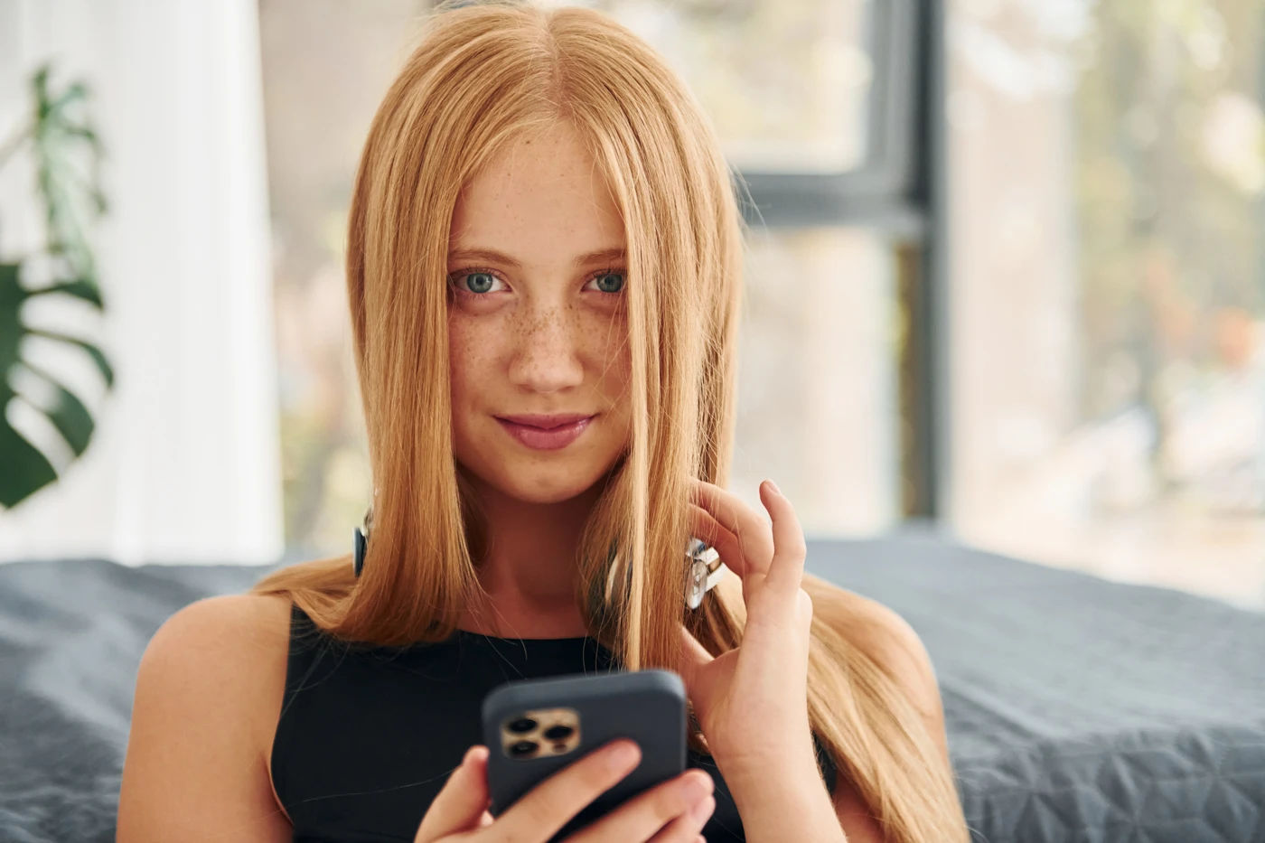 Young Woman with long, natural red hair using her phone.