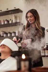 Luxury steaming treatment for damaged hair repair in a salon