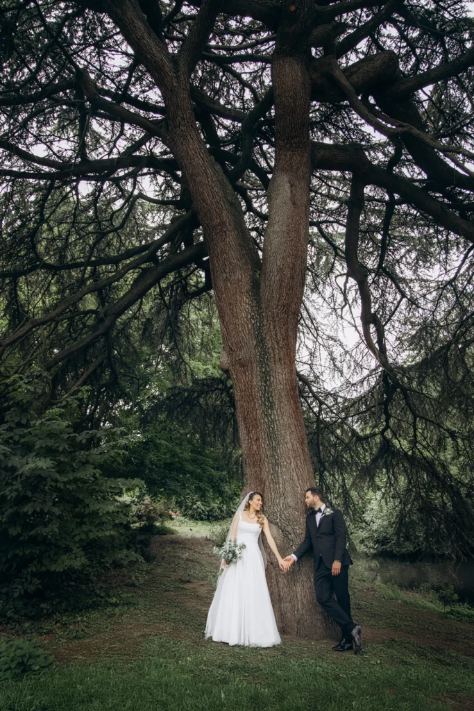 Bride and groom holding hands under a majestic tree