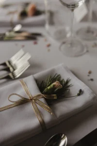 Close-up of wedding table setting with floral decoration at Loseley Park