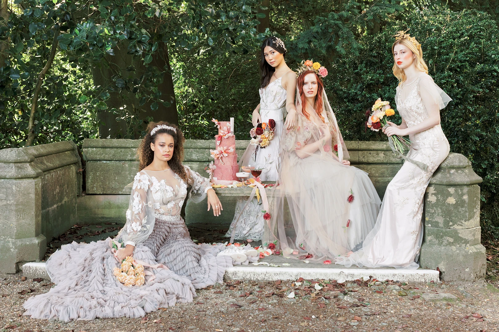 Group of brides showcasing diverse bridal gowns and styles at Nutfield Priory.