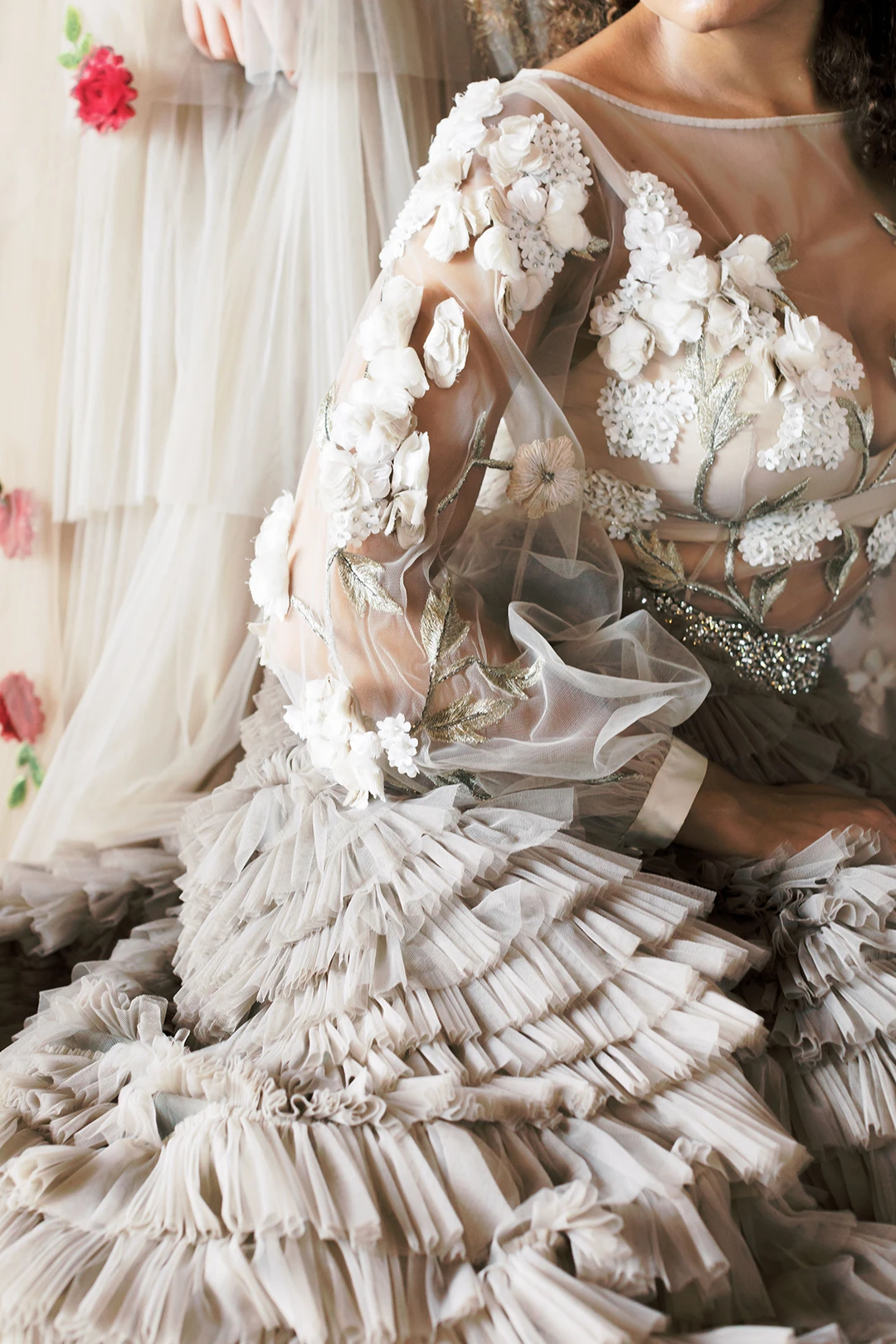 Close-up of an intricately designed bridal gown with floral details from a photoshoot at Nutfield Priory.