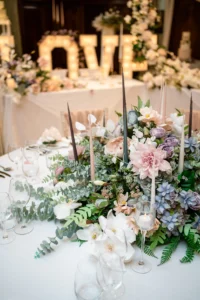 Overhead view of a table setup with flowers and candles at Pelham House.