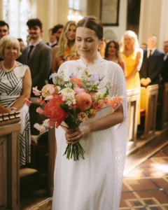 Bride walking down the aisle at a London church – minimalist wedding vibes with floral details.