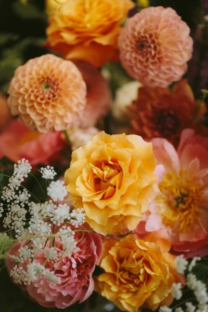 Close-up of fresh flower details from a minimalist London wedding bouquet.