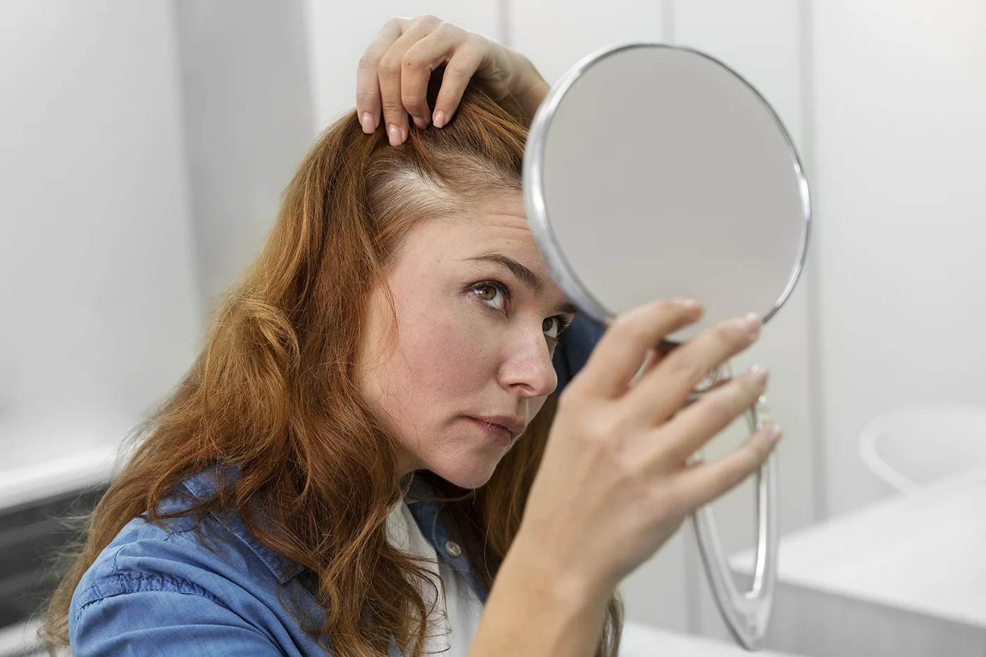 Hair Colour During Pregnancy. Woman examining hair in a mirror