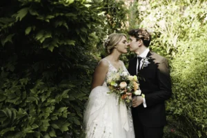 A romantic moment between the bride and groom