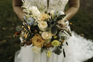 Close-up of a bridal bouquet with vibrant colours