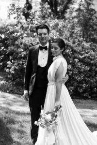 Black and white portrait of bride and groom in the garden