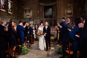 Newlyweds walk down the aisle