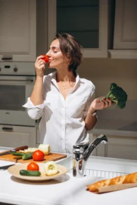 Bride-to-be preparing a nutritious meal one week before the wedding