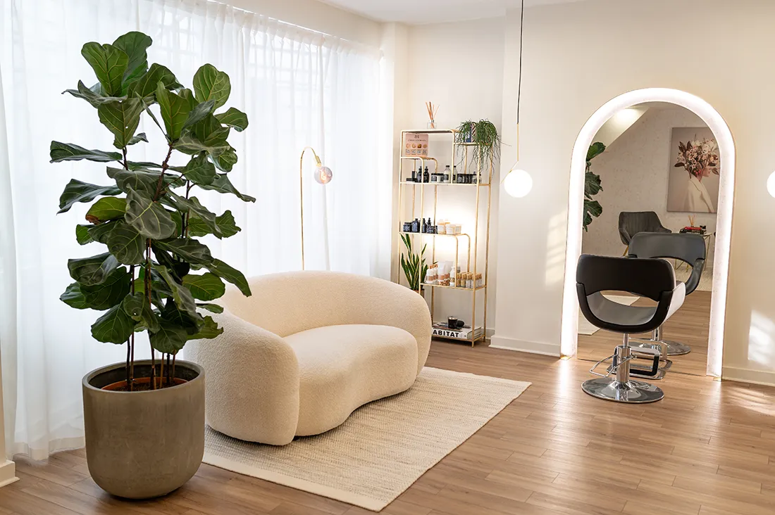 Interior of Izabella Bordignon’s trichology boutique in Islington, London, offering a calm and luxury setting for consultations.