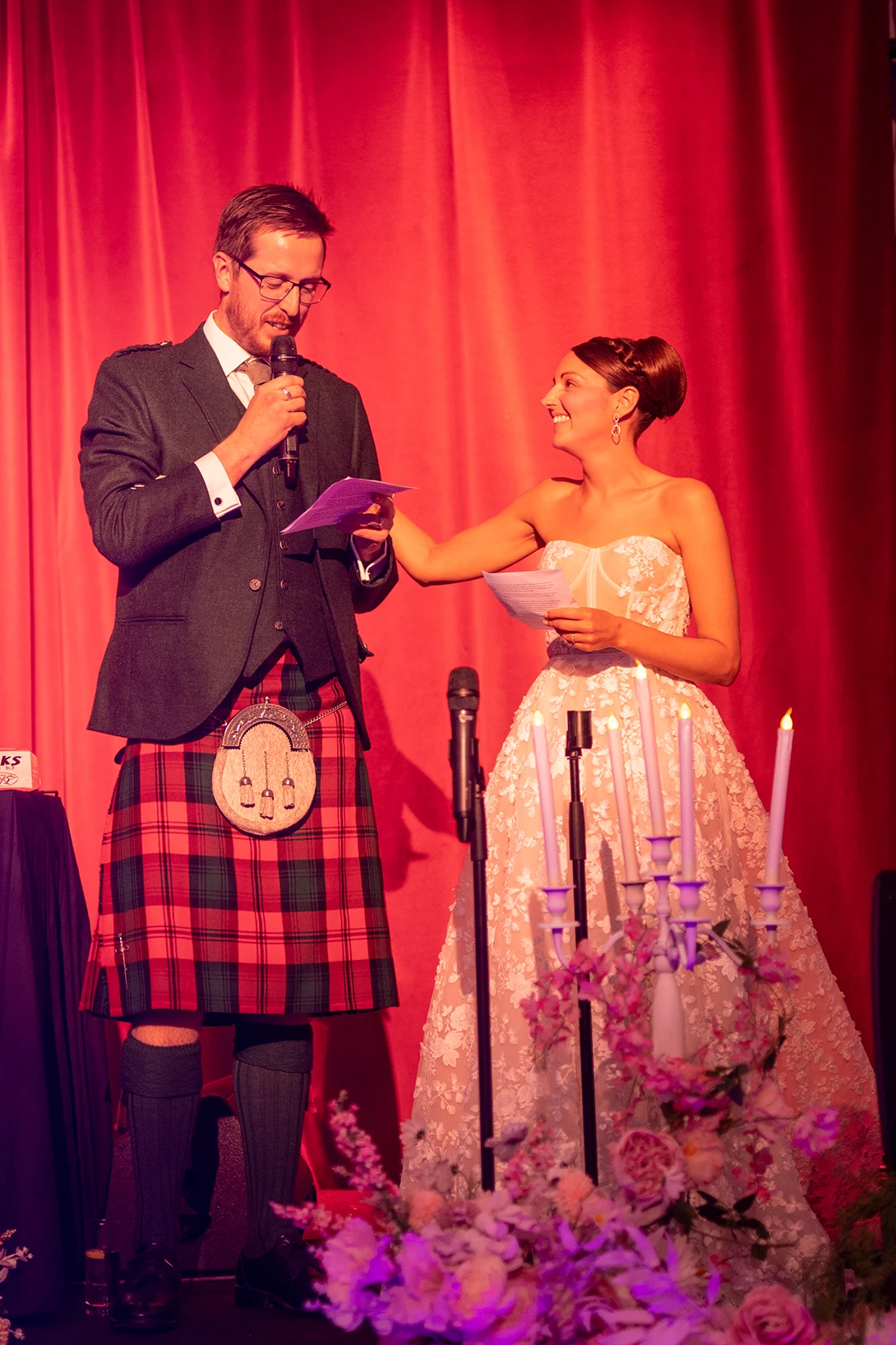 Bride and groom speaking together during Bush Hall wedding speech